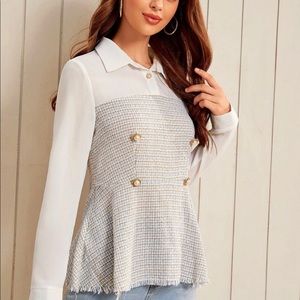 Freyd Edge mixed media tweed peplum top.